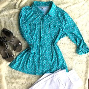 Charter club, mint, green and white button-down stretchy tunic size XL